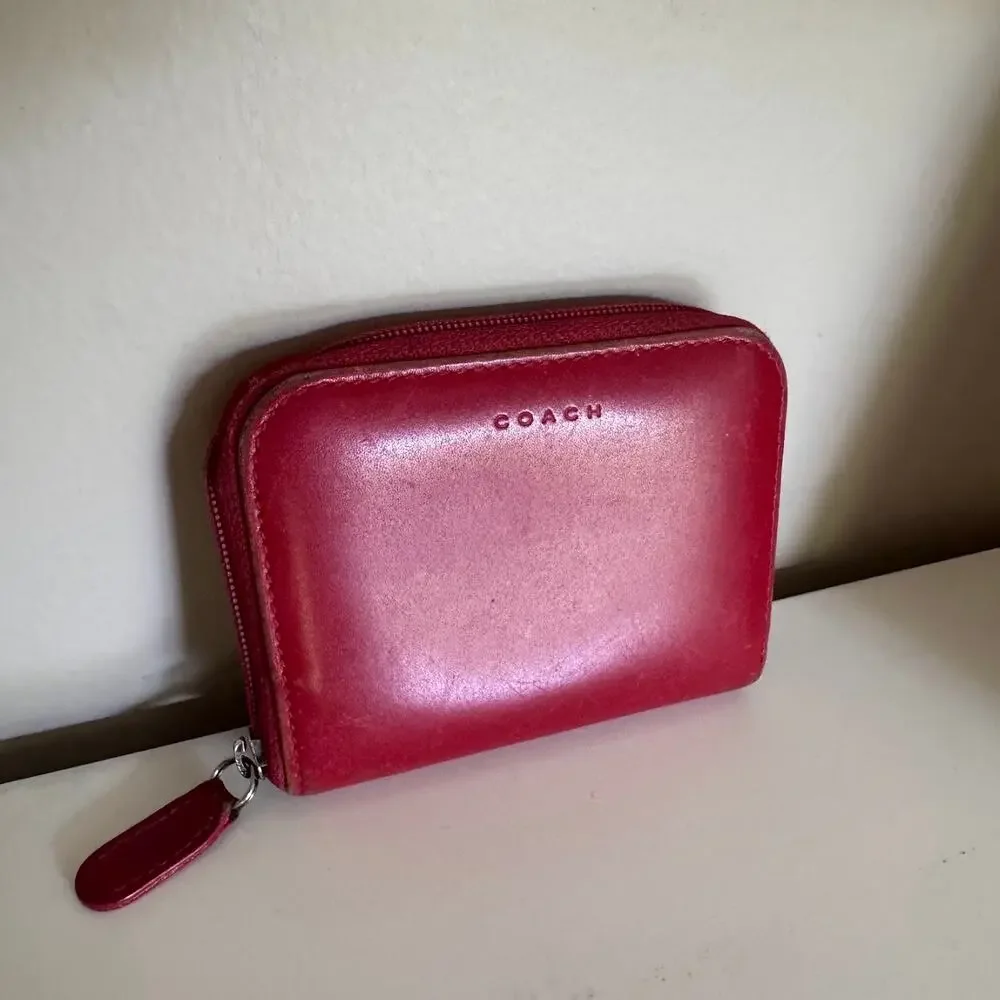Coach Red Leather Small Zip Around Leather Wallet Card Coin Case ID Vintage